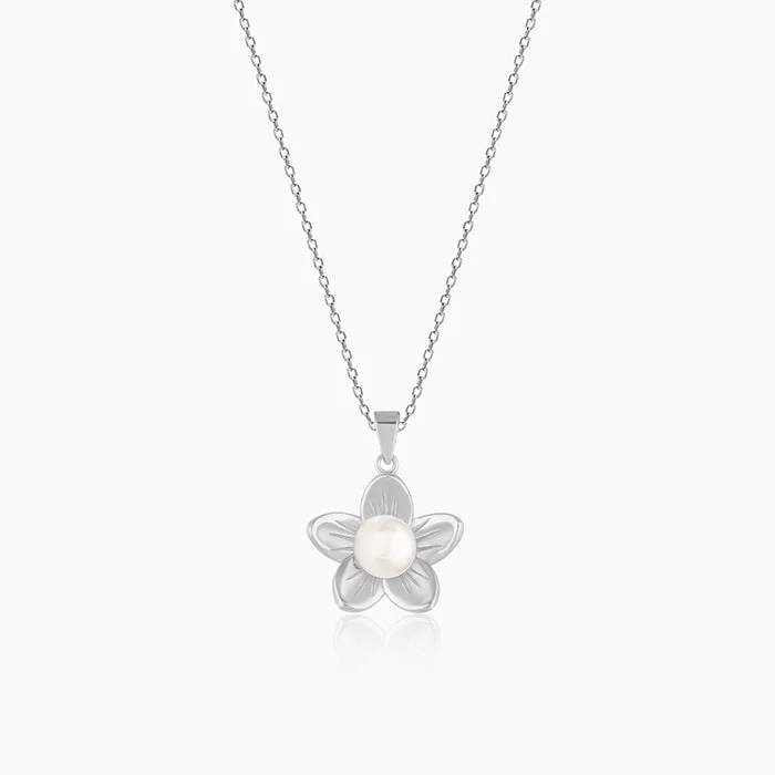 Silver Floral Pearl Pendant with Link Chain