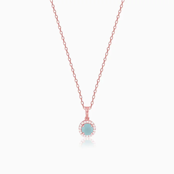 Rose Gold Blue Halo Pendant With Link Chain