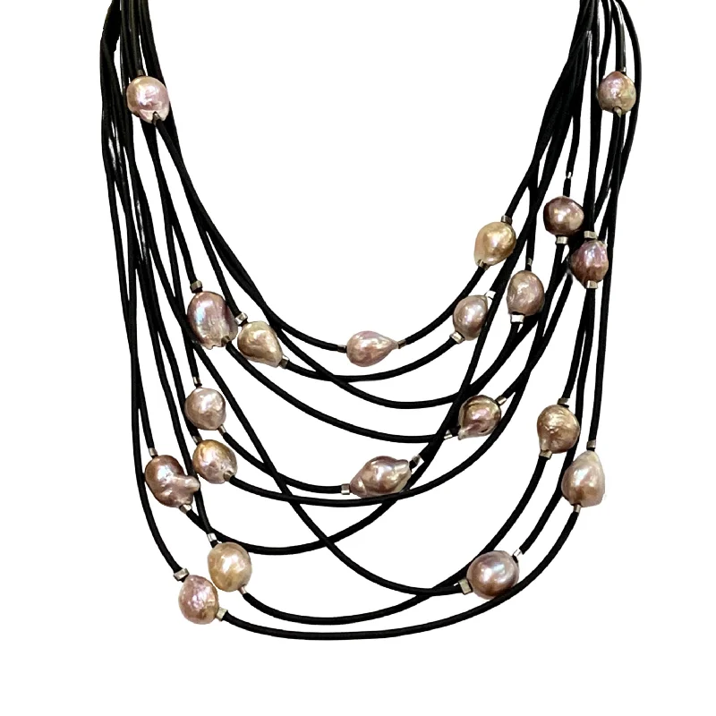 Sterling Silver and Rubber Edison Pearl Necklace - "Santorini Dream"