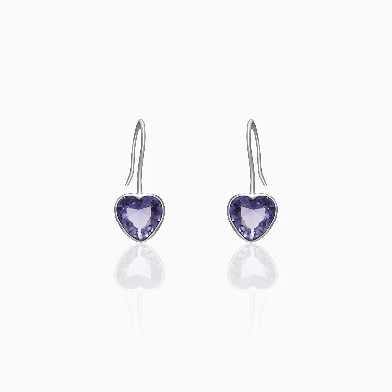 Silver Ornate Purple Heart Earrings