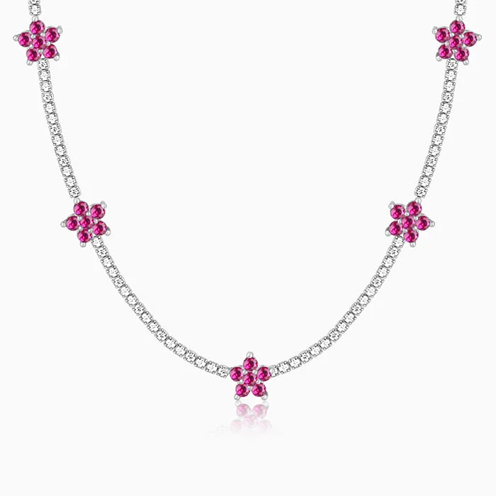 Silver Pink Floral Necklace