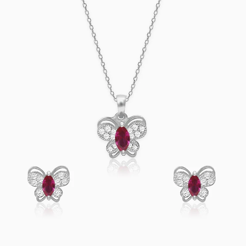 Silver Pop Pink Studded Butterfly Pendant Set