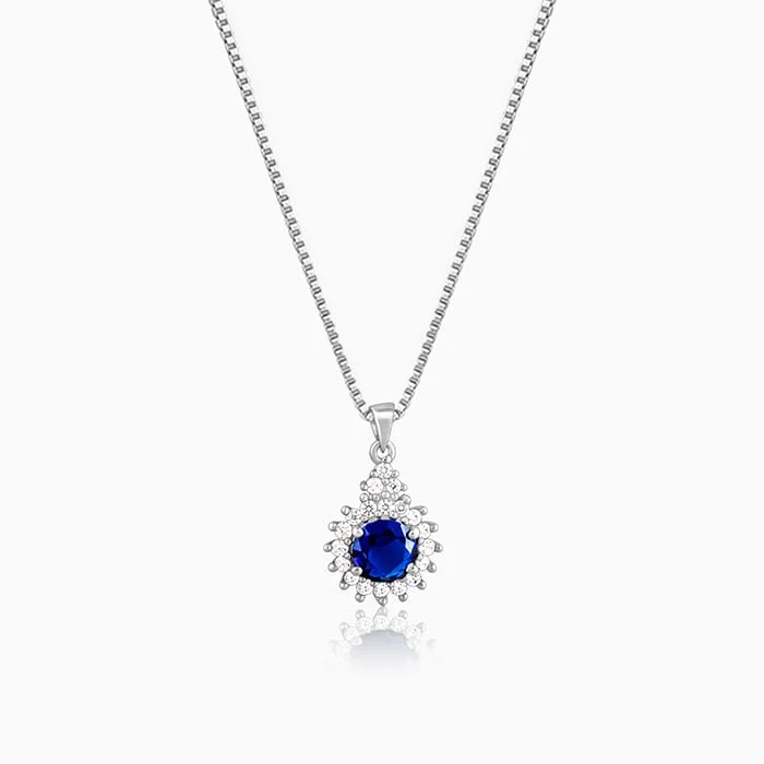 Silver Sapphire Floral Pendant With Box Chain