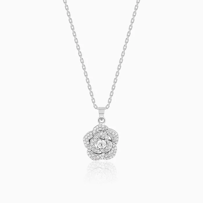 Silver Shining Rose Pendant With Link Chain