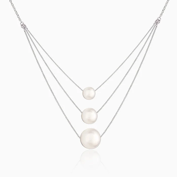 Silver Triple Layer Pearl Necklace With Link Chain