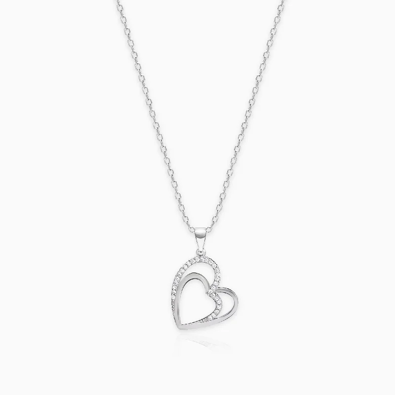 Silver Zircon Double Heart Pendant with Link Chain