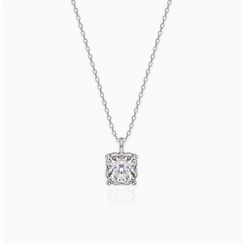 Silver Zircon Square Pendant with Link Chain