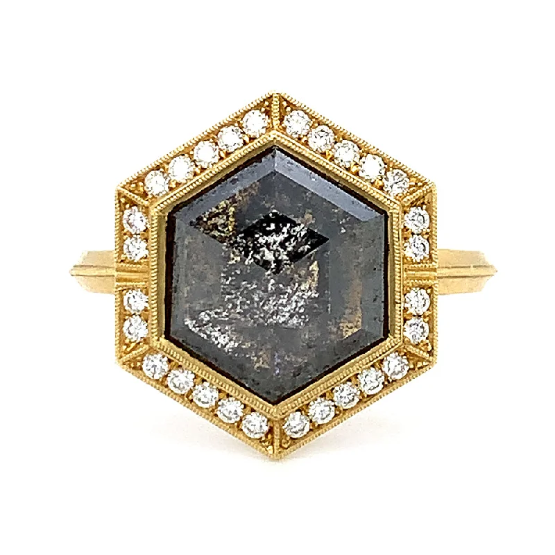 Hexagon Salt and Pepper Diamond Ring - "Agatha Halo"