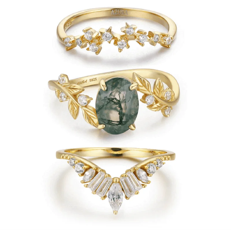 Between the Leaf Moss Agate©, Hillcrest, and Starry Night Yellow Gold Ring Set