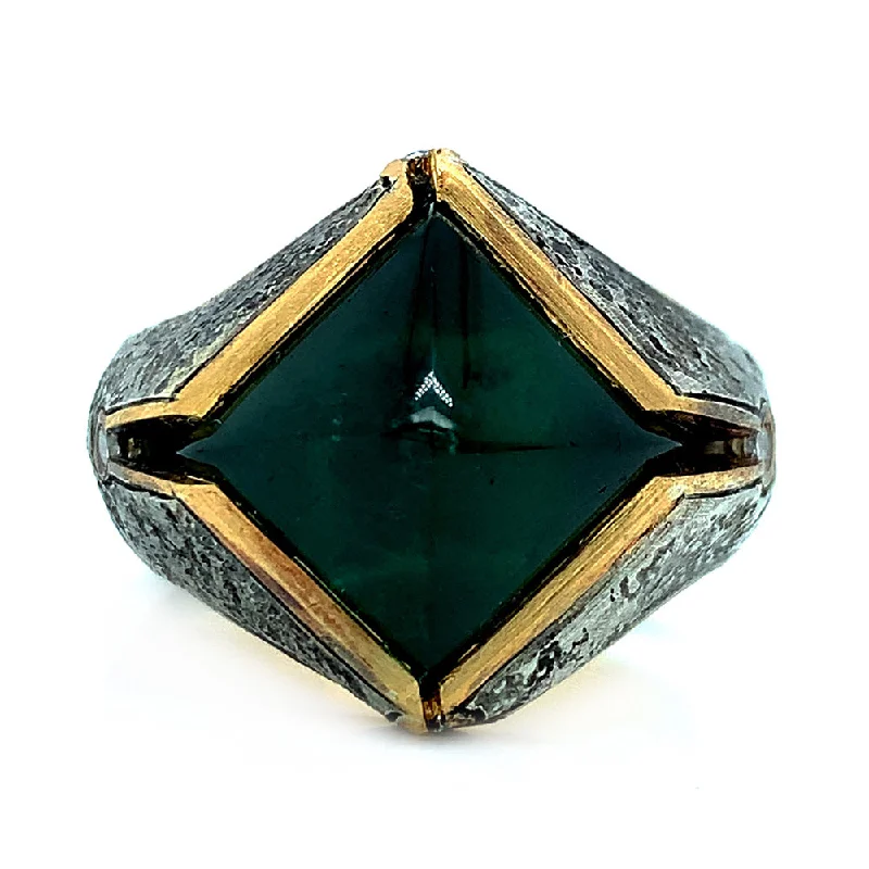 Green Tourmaline Sugarloaf & Diamond Domed Ring - "Glade"