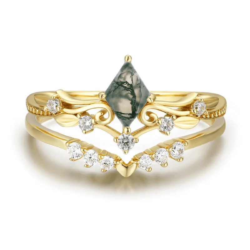 Victorian Lace Moss Agate© and Hearty Heart Ring Set (Yellow Gold)