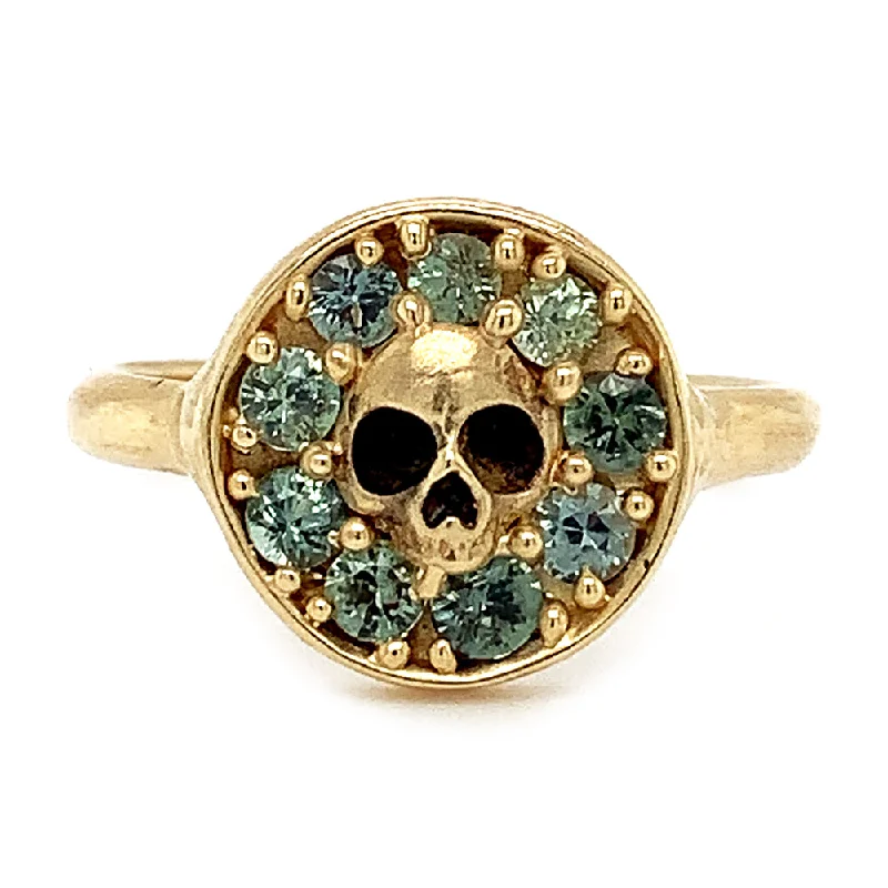 Yellow Gold & Ceylon Sapphire Gold Skull Ring - "Green Mist"