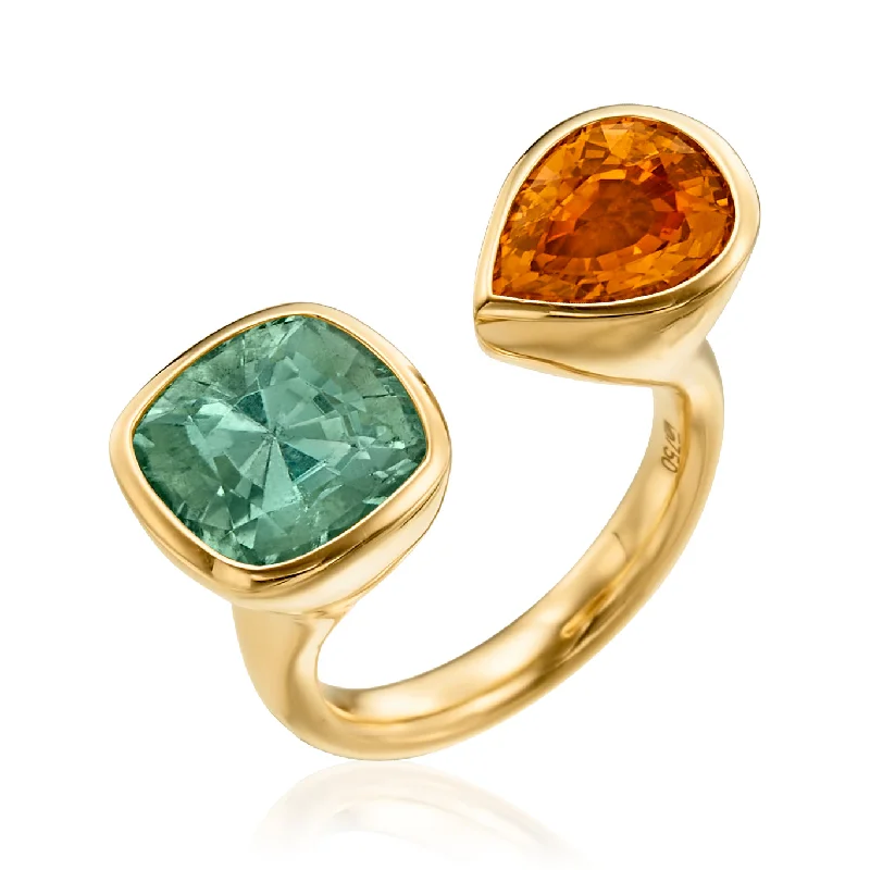 Yellow Gold Spectrum Ring with Orange Sapphire and Cushion Green Tourmaline