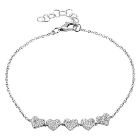 14K White Gold Diamond 5 Heart Bracelet