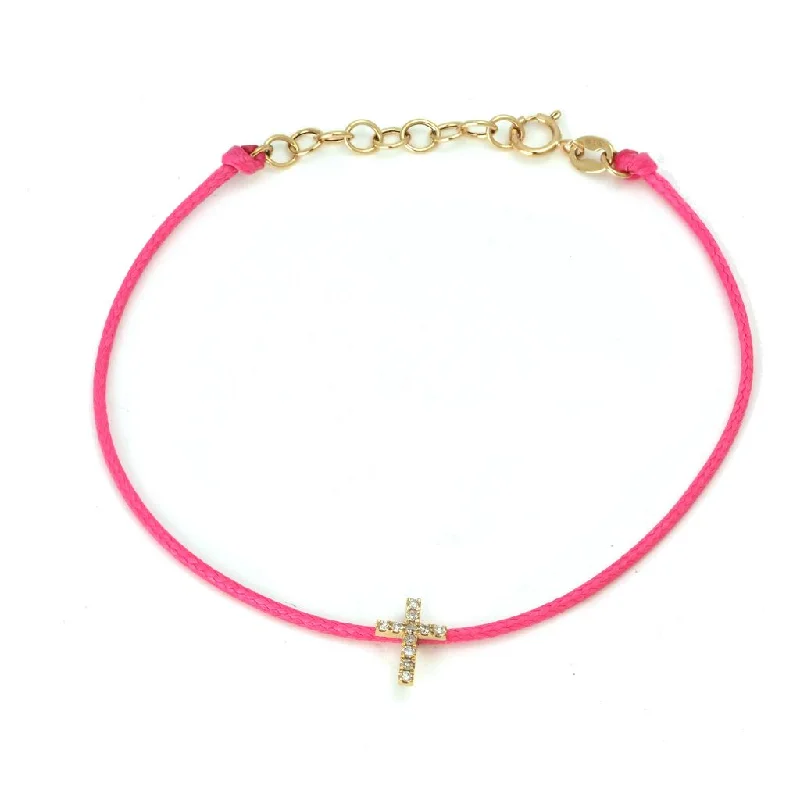 14K Yellow Gold Diamond Cross Pink Cord Bracelet