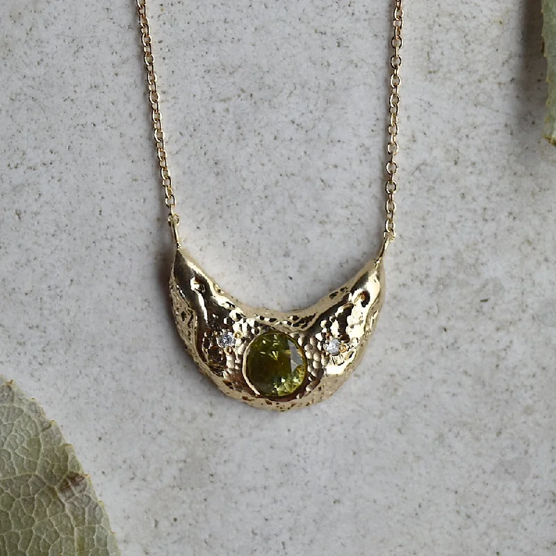 14ky Petite Crescent Moon Necklace with Green Sapphire