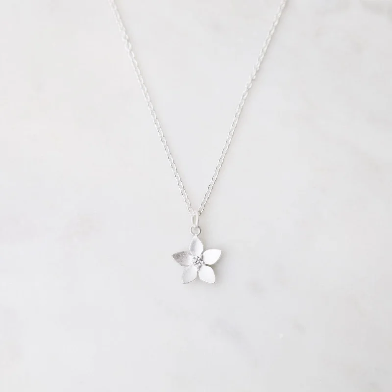 Pointed Petal Flower Necklace with CZ - Brushed Sterling Silver